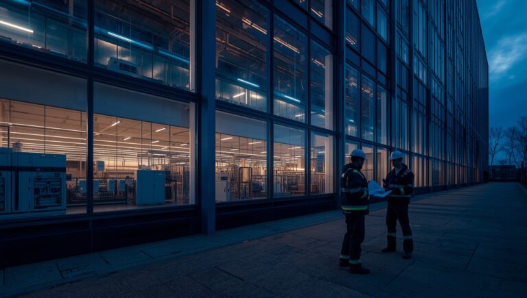 Professional electrical contractors inspecting a commercial electrical system inside a Glasgow business property